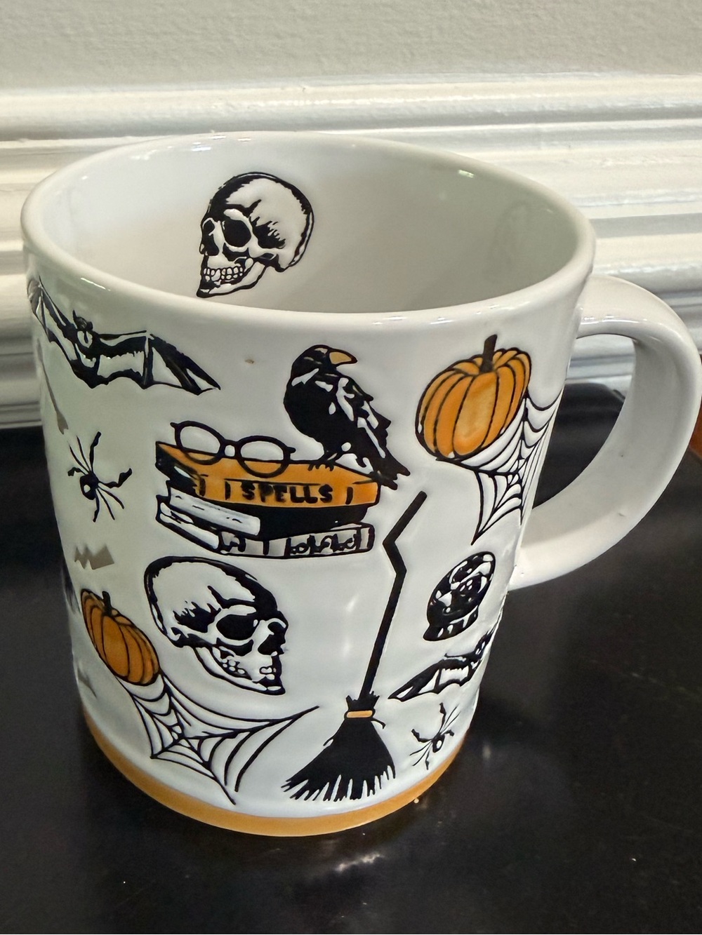Festive Halloween Ceramic Mug – White & Orange Skull Pumpkin Design